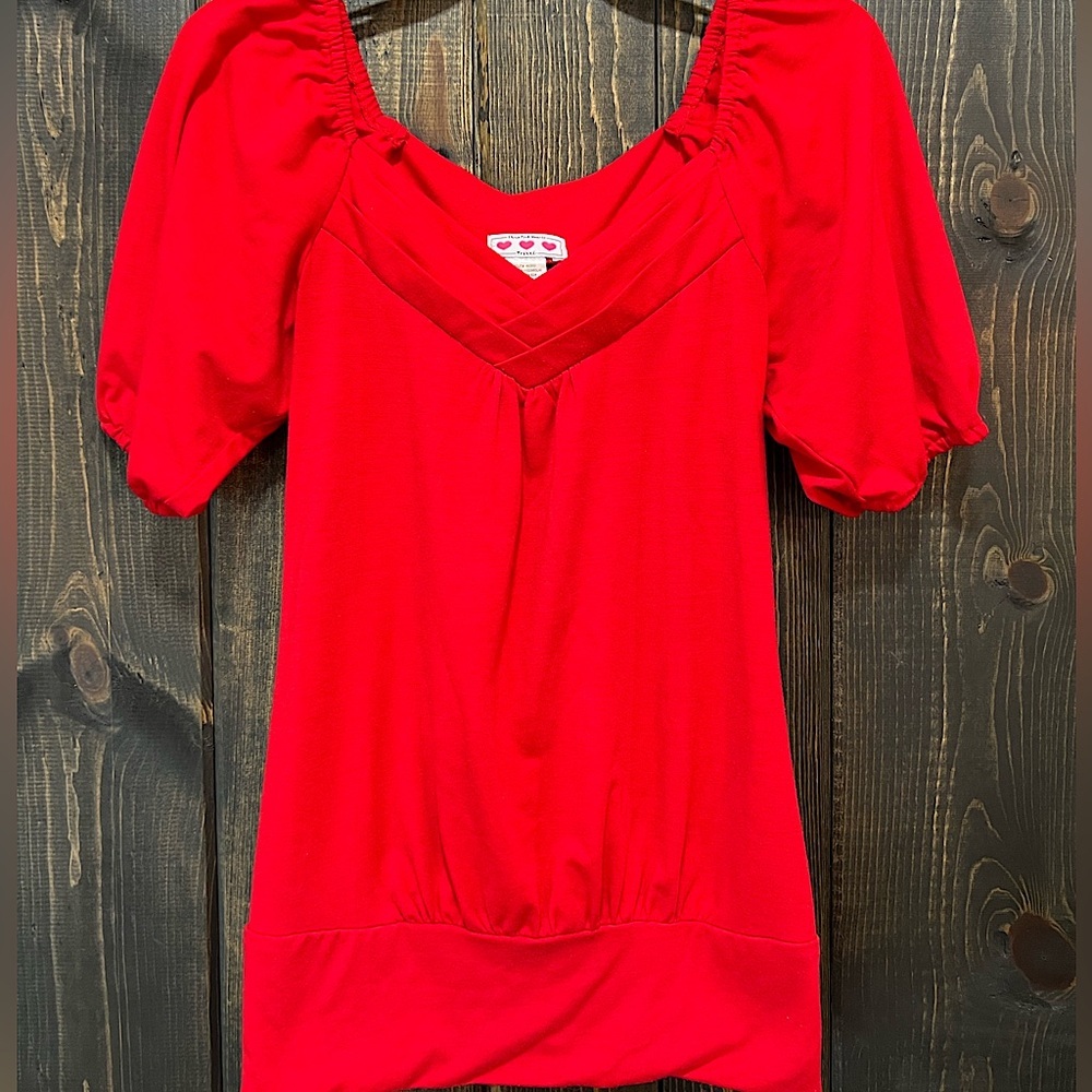 Trixxi Three Pink Hearts Top S Red Y2K Sweetheart Puff Sleeve Wide Waist‎ Band